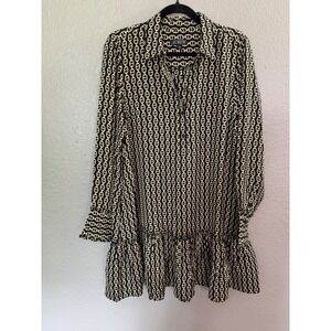 J.Crew Black Cream Chain Link Print Ruffle Hem Shift Dress Sz M Pockets Career